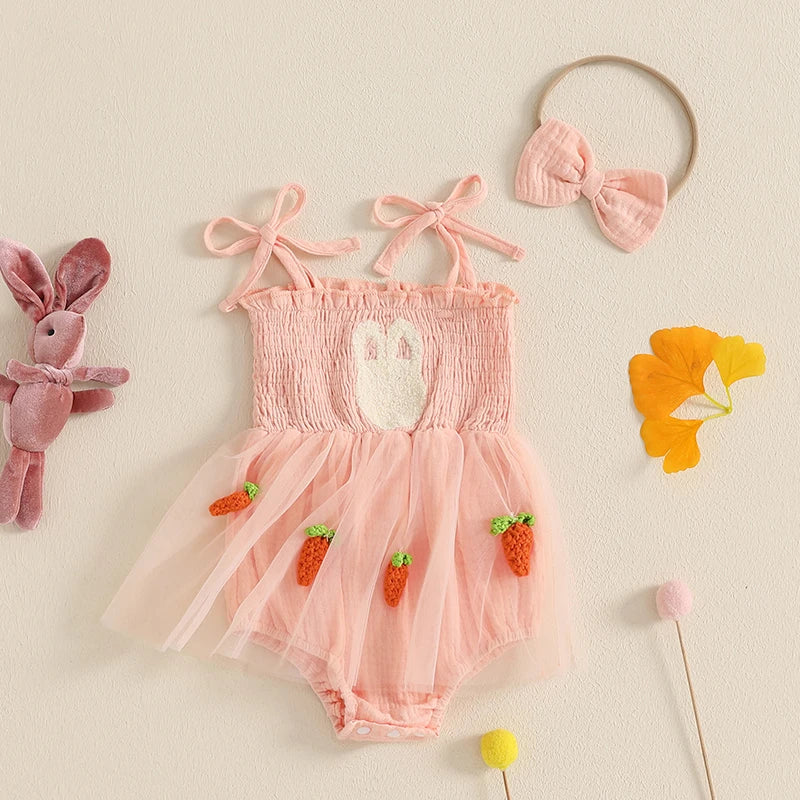 Baby Girls Easter Romper Dress with Headband - Rabbit Carrot Embroidery Tulle Jumpsuit