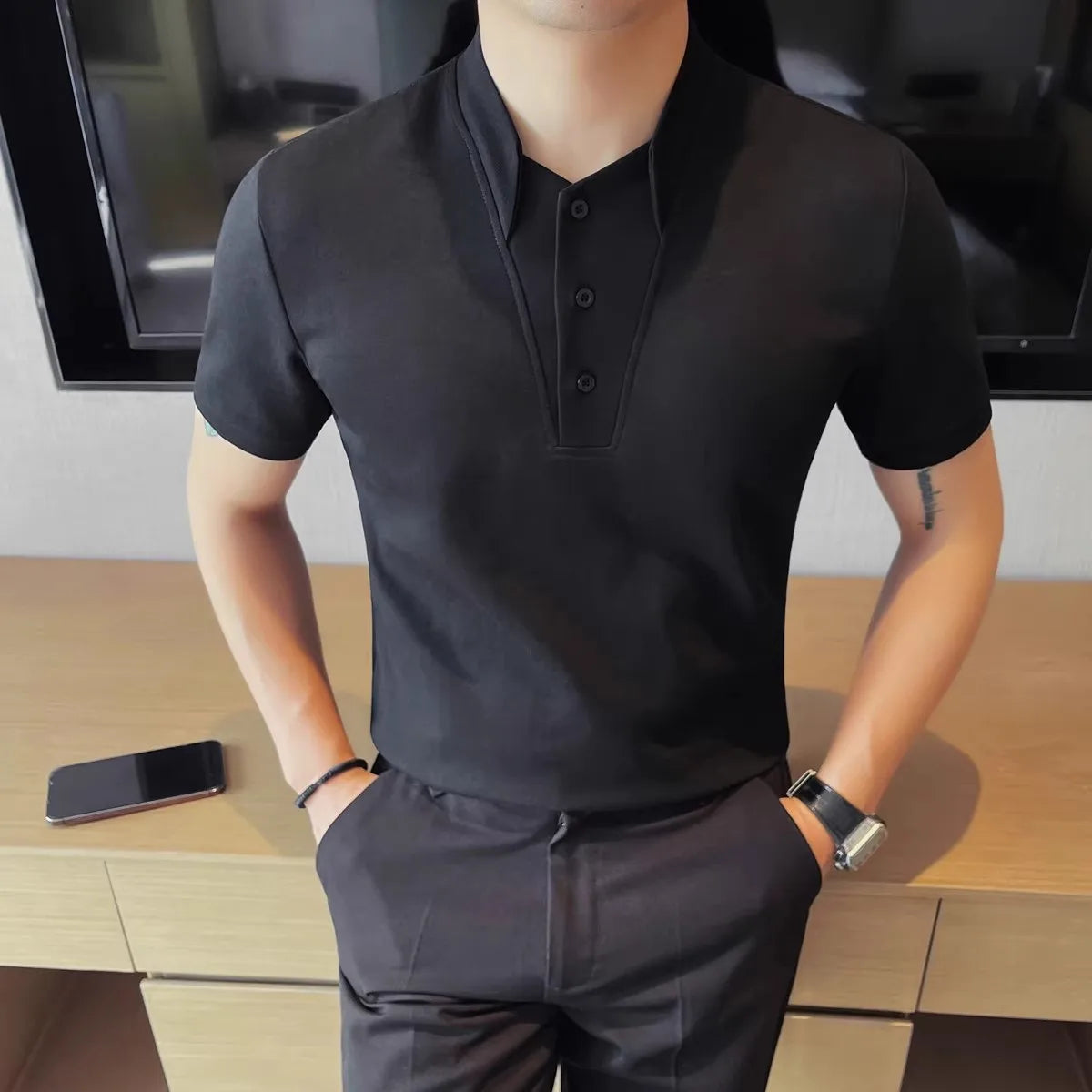 Men's Summer Polo Korean Style Turn Down Collar Short Sleeve Slim Fit Fake Two Pieces T-Shirt