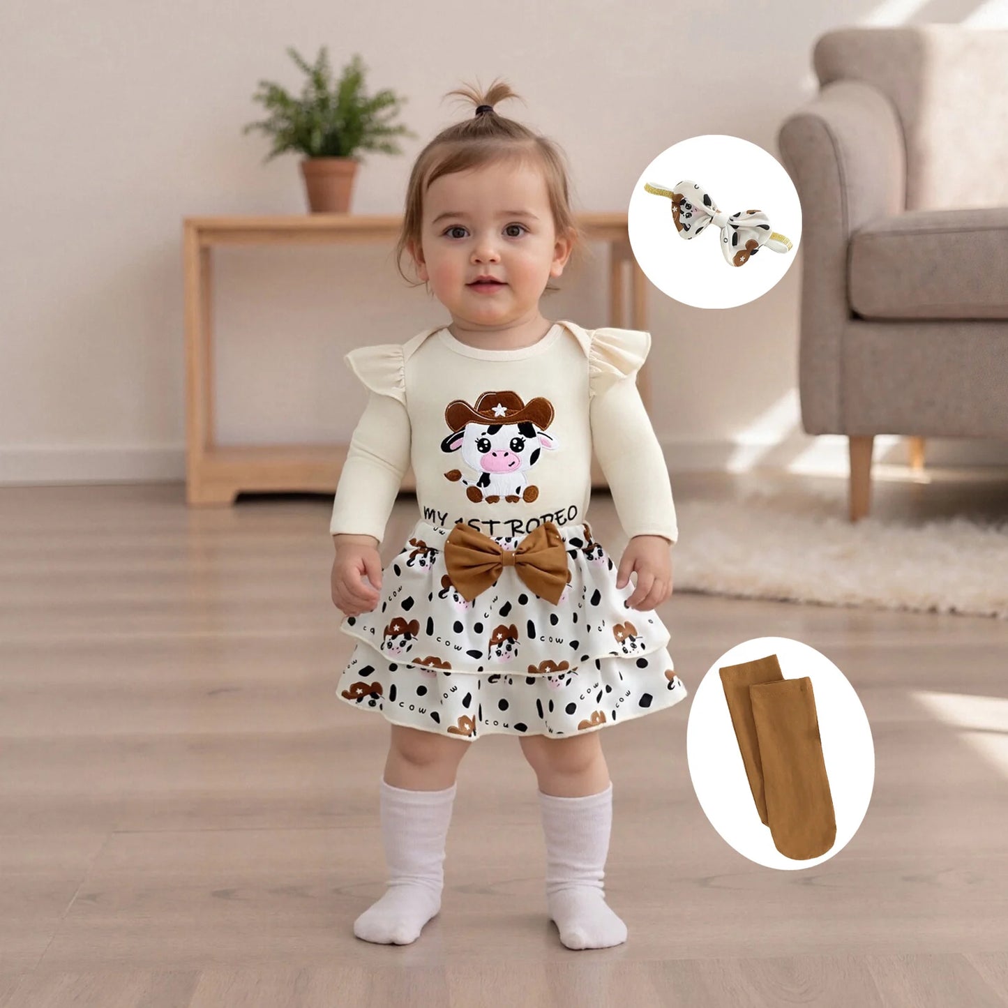 Newborn Baby Girls Boys Outfit Set - Cow Embroidery Romper with Skirt & Accessories 0-12M