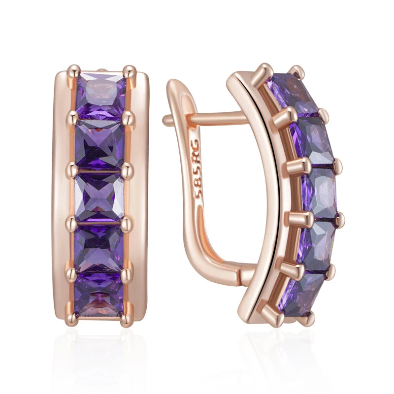 Shiny Square Purple Zircon Drop Earrings - Rose Gold Bridal Jewellery