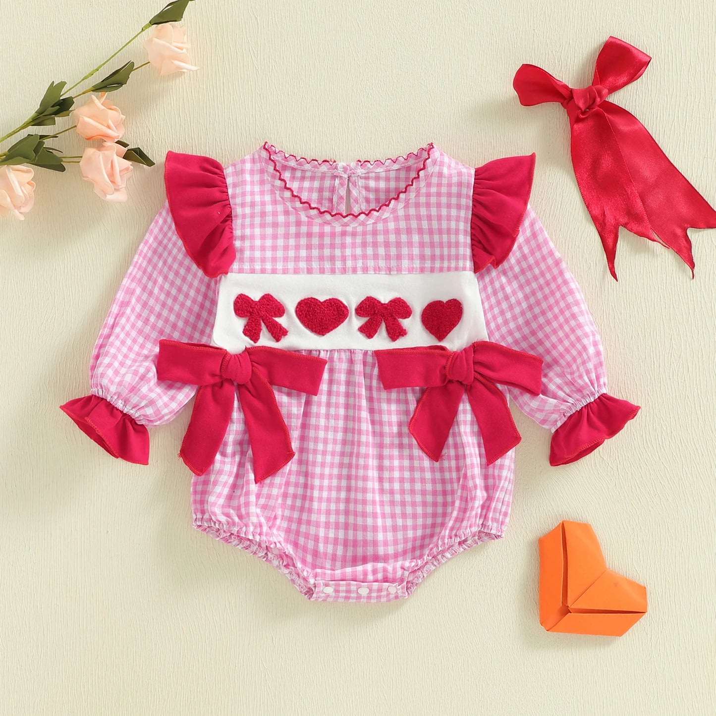 Baby Girls Boys Valentine's Day Plaid Print Bow Heart Embroidered Long Sleeve Romper