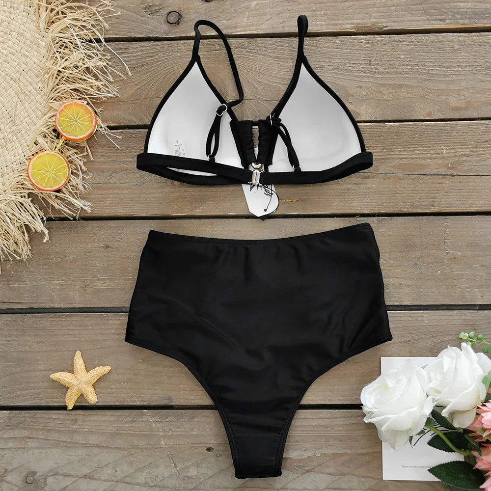 Women's 3-Piece Solid Bikini Set - Padded Bra, Tassel High Waist & Beach Skirt