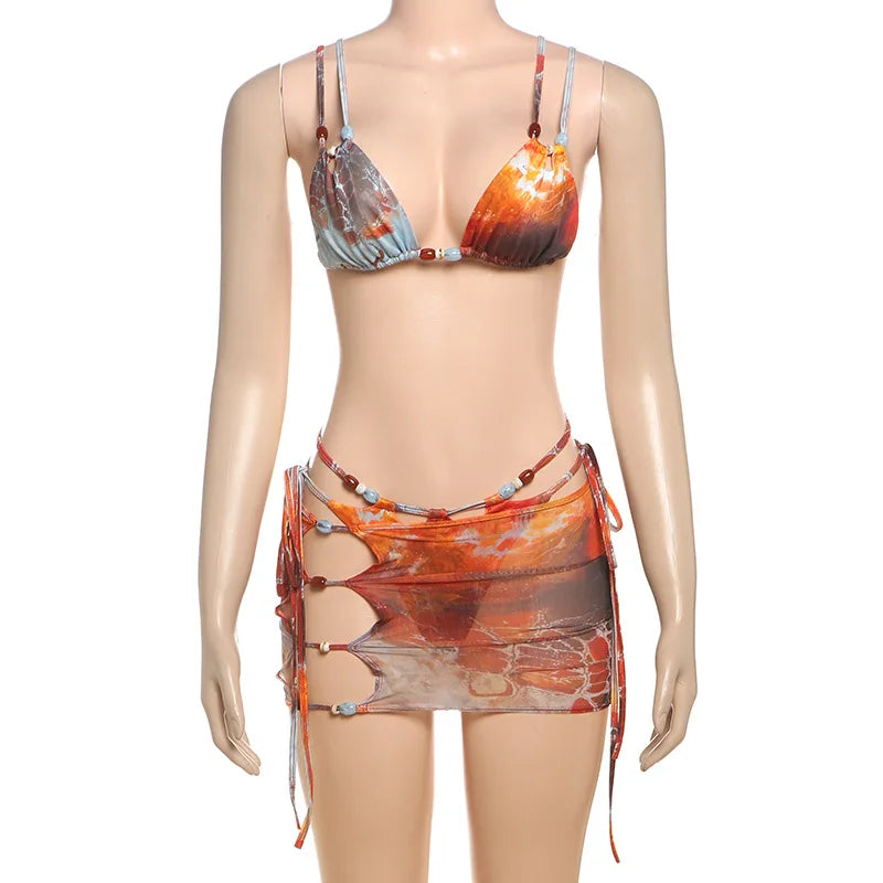 3 Piece Beachwear Bikini Set with Lace Up Skirt - Summer Co-ord Outfit