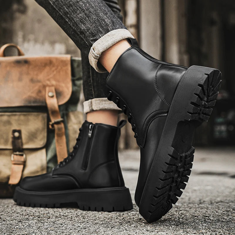 Men's Leather Platform Boots - Thick Sole Motorcycle Sneaker Boots