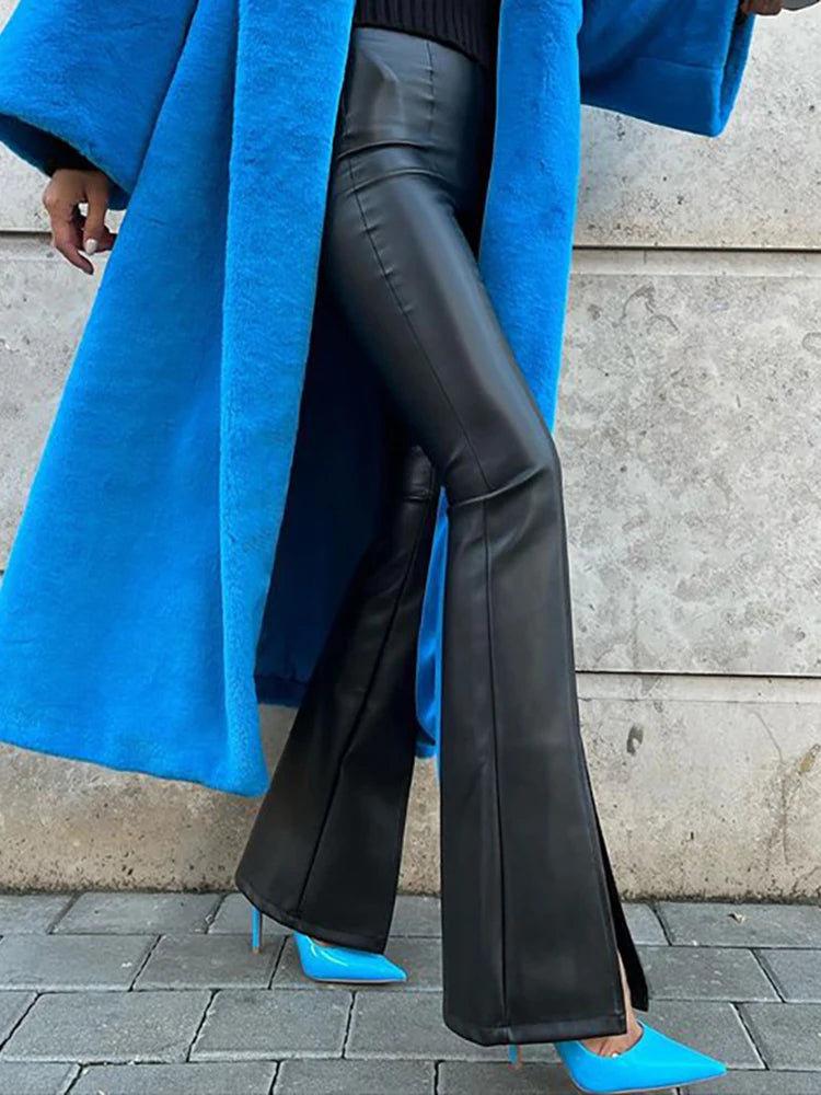 Women's Chic Fashion PU Leather High Rise Flare Pants - Split Trousers