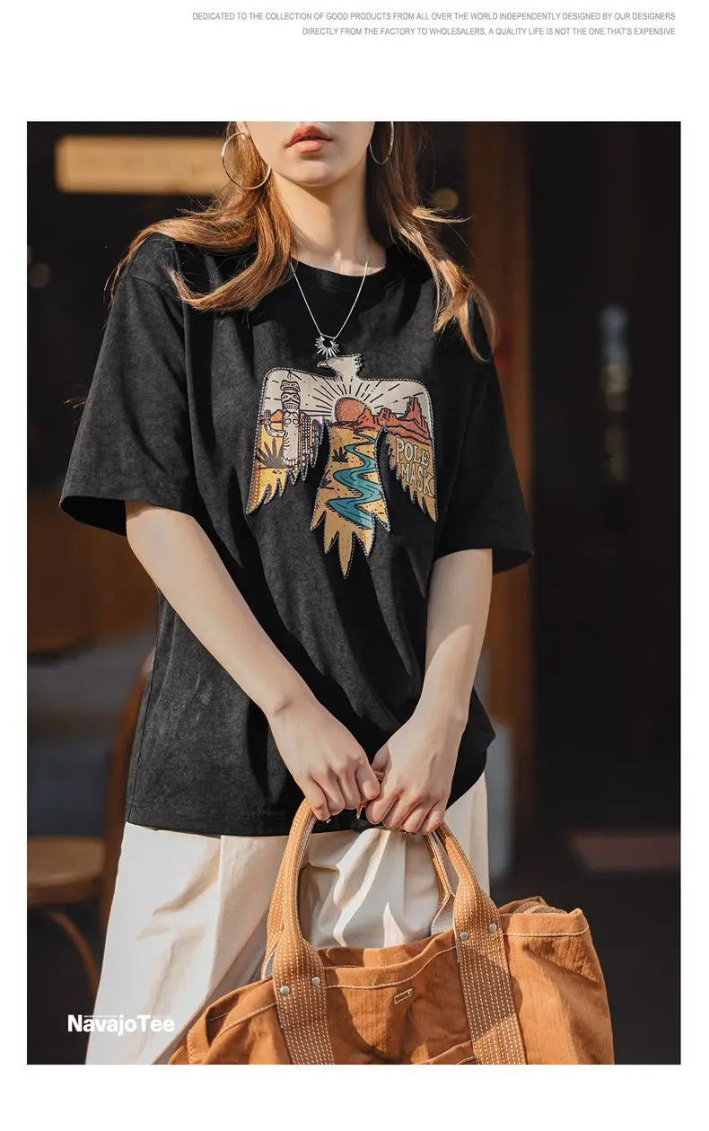 Women's Retro Thunderbird Print T-Shirt - Heavyweight Embroidered Tee