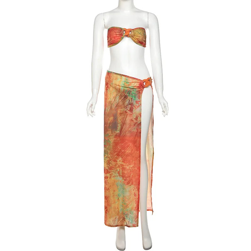 Women's Summer Beachwear Print 3 Piece Set Strapless Top Backless Split Skirt Bikini Dress Set