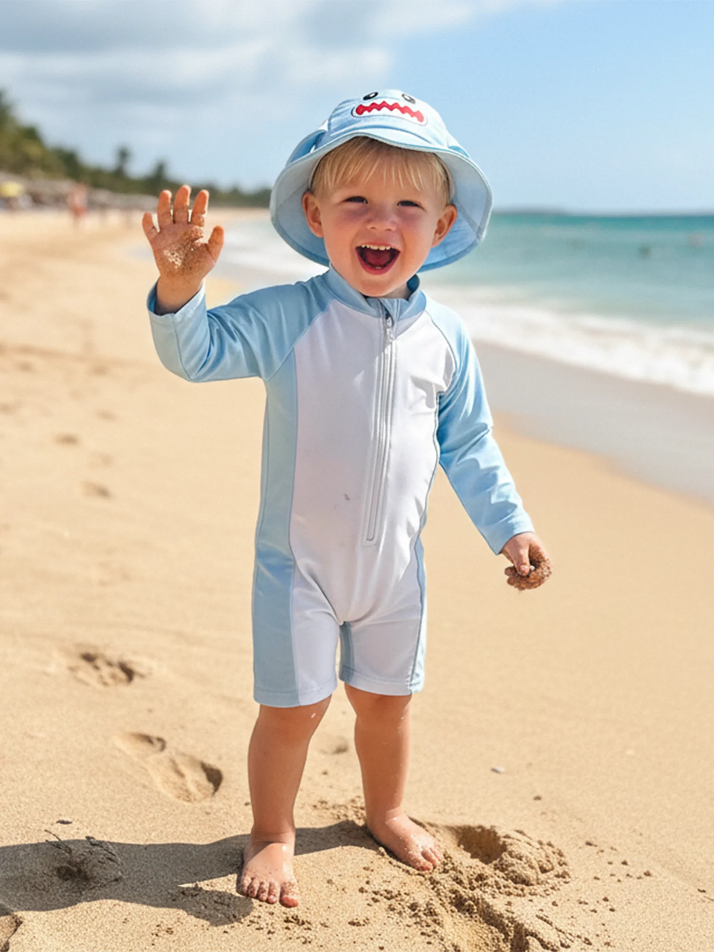 Baby Boys Rash Guard Swimsuit Set - Long Sleeve Zip-Up with Sun Cap