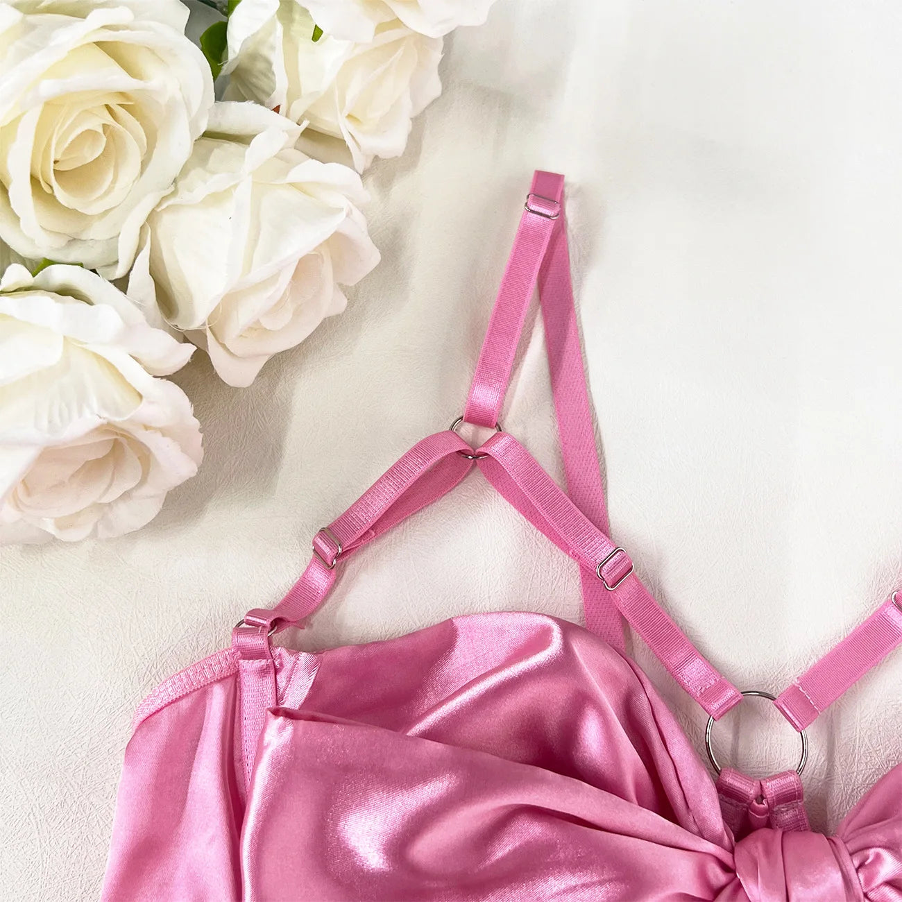 Women's Bowknot Lingerie Open Bra Lace Up Ensemble Lingerie Set