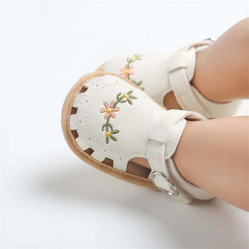 Newborn Baby Sandals PU Leather Non-slip Flower Embroidery Summer Flats Shoes