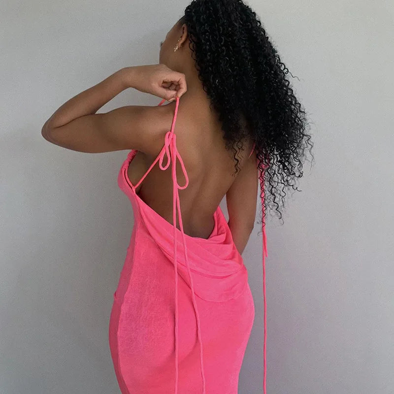 Women's Halter Backless Draped Maxi Dress - Long Straps Shift Dress