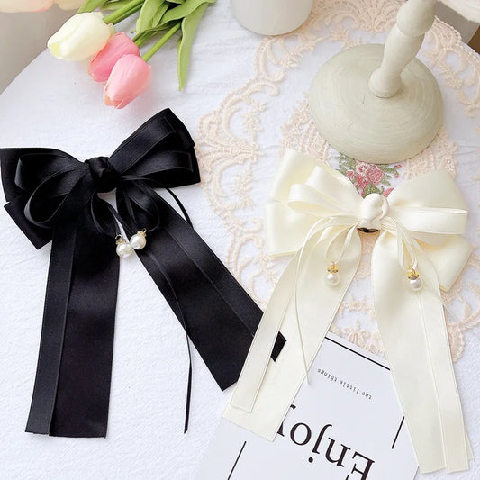 Fabric Bowknot Brooch - Pearl Ribbon Bow Tie Collar Pin for Women