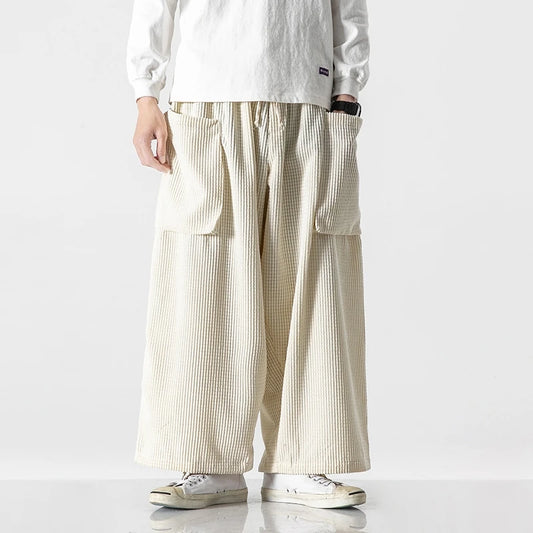 Men's Wide Leg Corduroy Pants - Loose Fit Casual Trousers