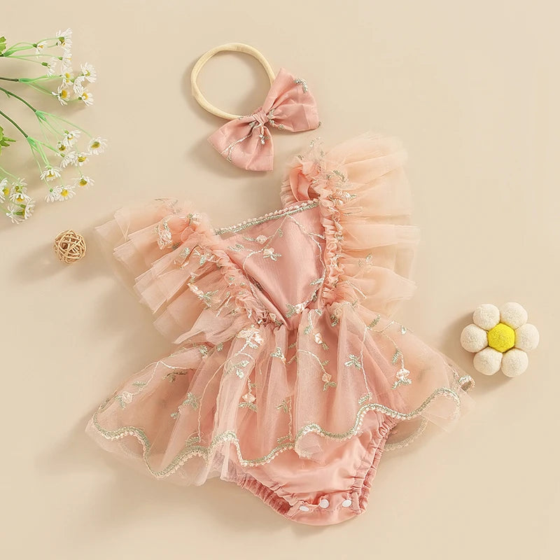 Baby Girls Summer Romper Dress with Headband - Floral Embroidery Tulle Jumpsuit