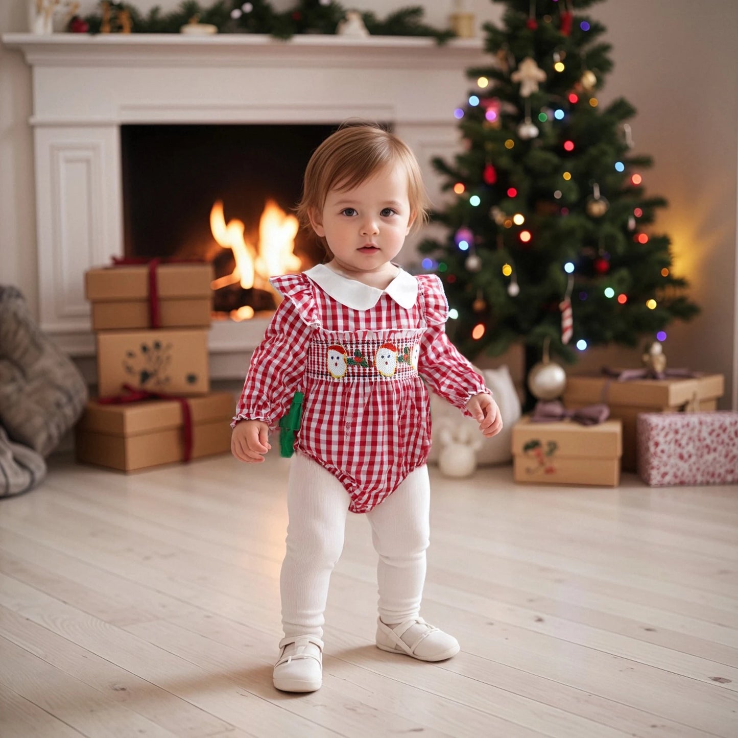 Baby Girls Christmas Romper - Plaid Santa Embroidery Long Sleeve Jumpsuit