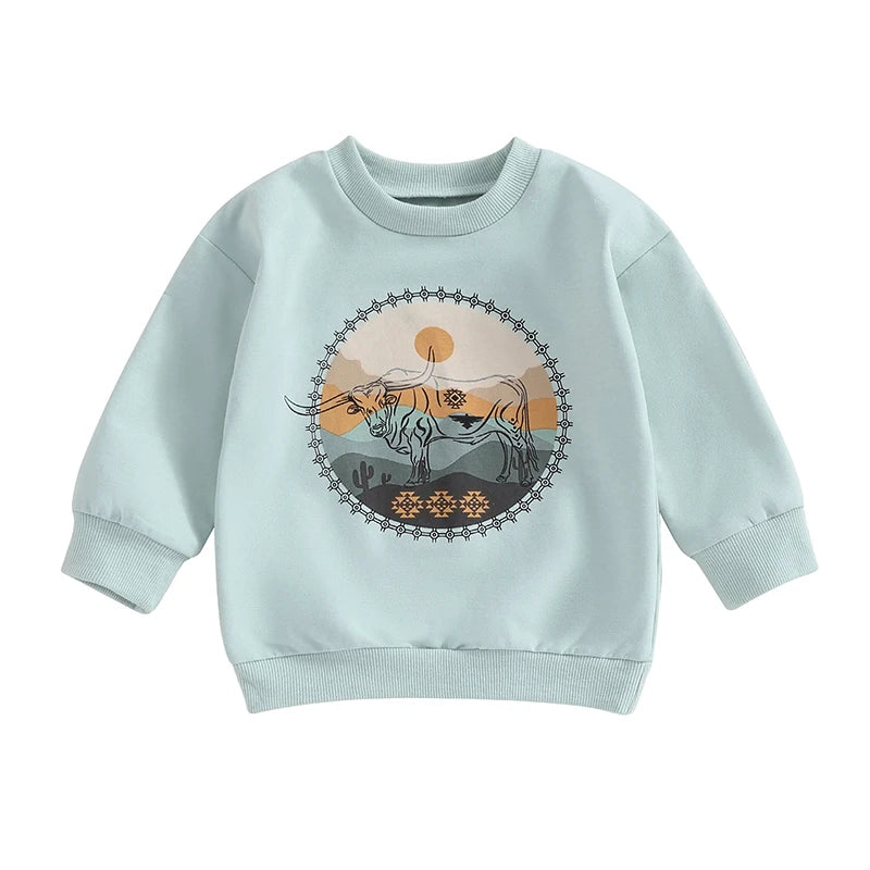 0-4Y Autumn Infant Baby Boys Girls Western T Shirts Cow Cattle Print Long Sleeve Pullover Sweatshirt Top