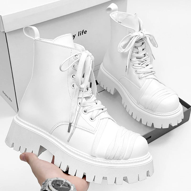 Men's Leather Platform Motorcycle Boots - Retro Street Ankle Sneakers