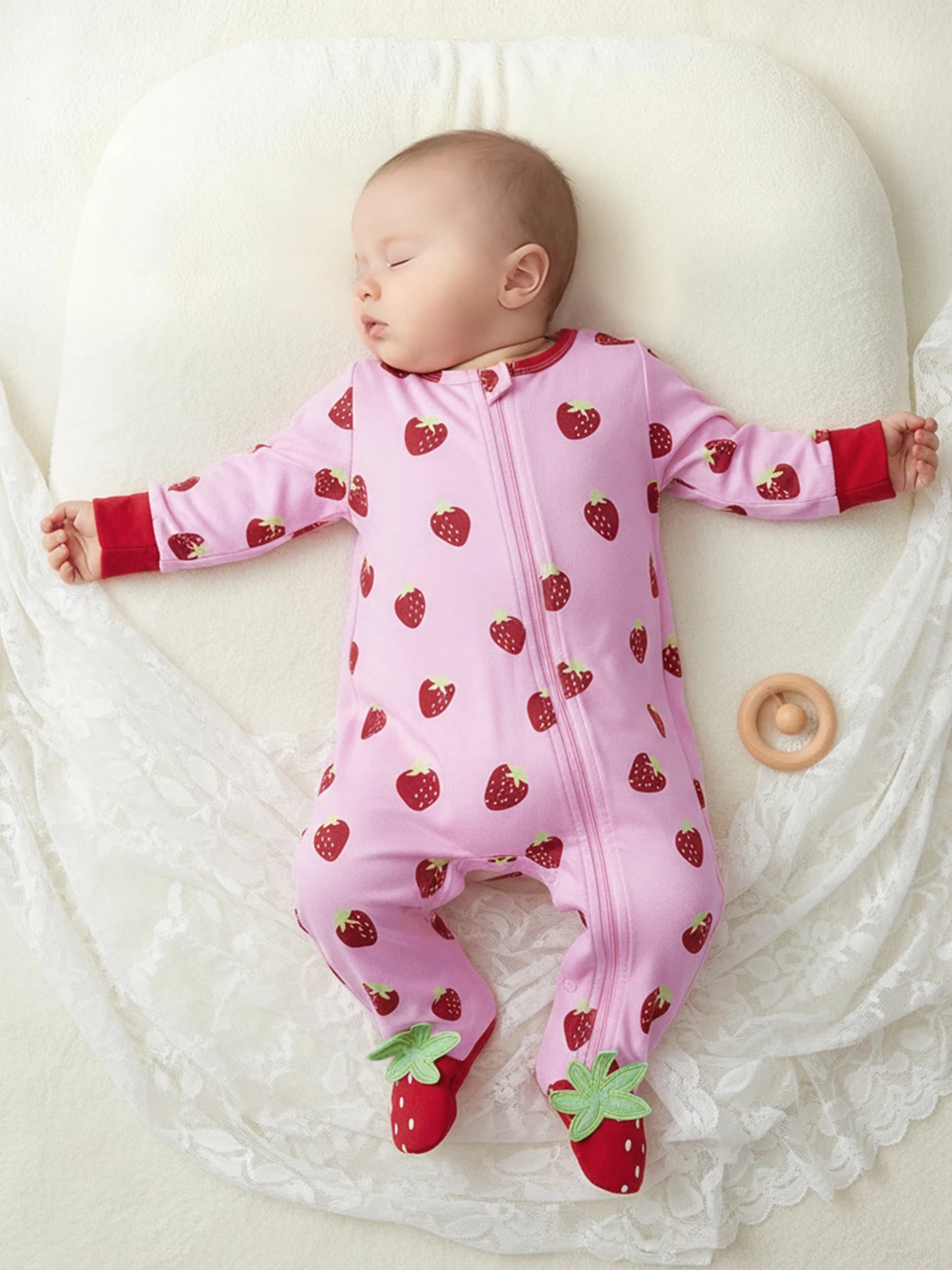 Baby Girls Boys Strawberry Print Romper - Long Sleeve Footed Jumpsuit 0-18M