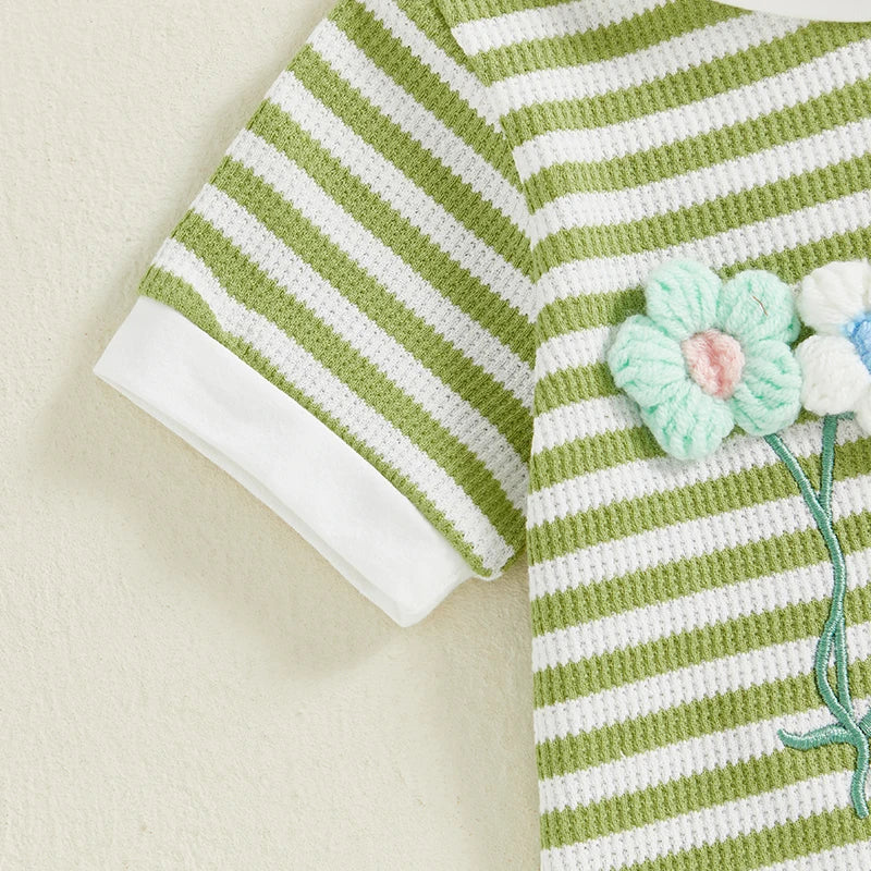 0-6Y Kids Girls Summer Clothes Sets Short Sleeve O Neck Flower Embroidery Striped T Shirts and Drawstring Shorts