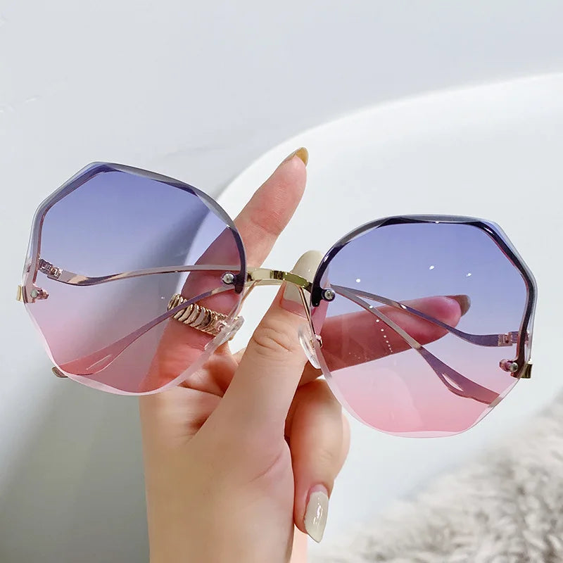 Large Frame Gradient Sunglasses - Frameless Metal Polygonal UV400 for Women