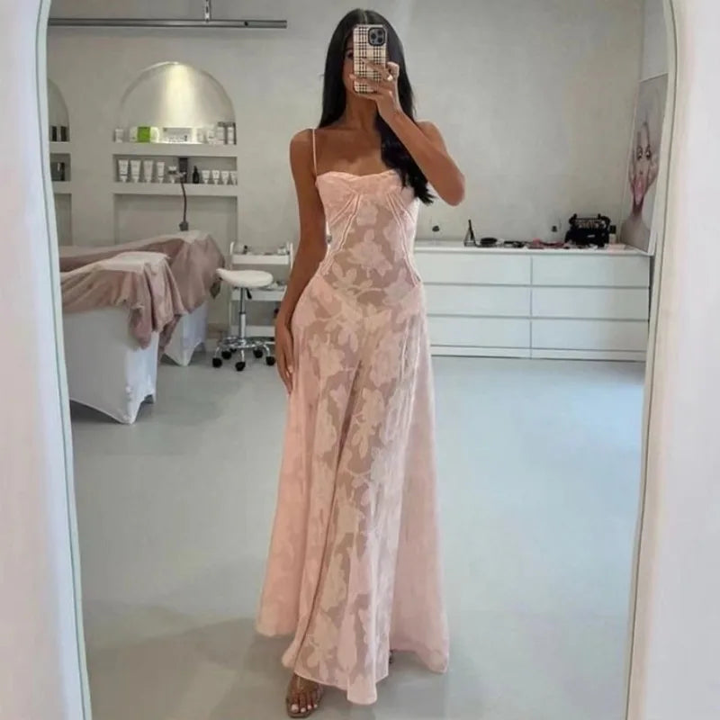 Women's See Through Spaghetti Maxi  Plunge Off Shoulder Floral Mesh Patchwork Long Dress