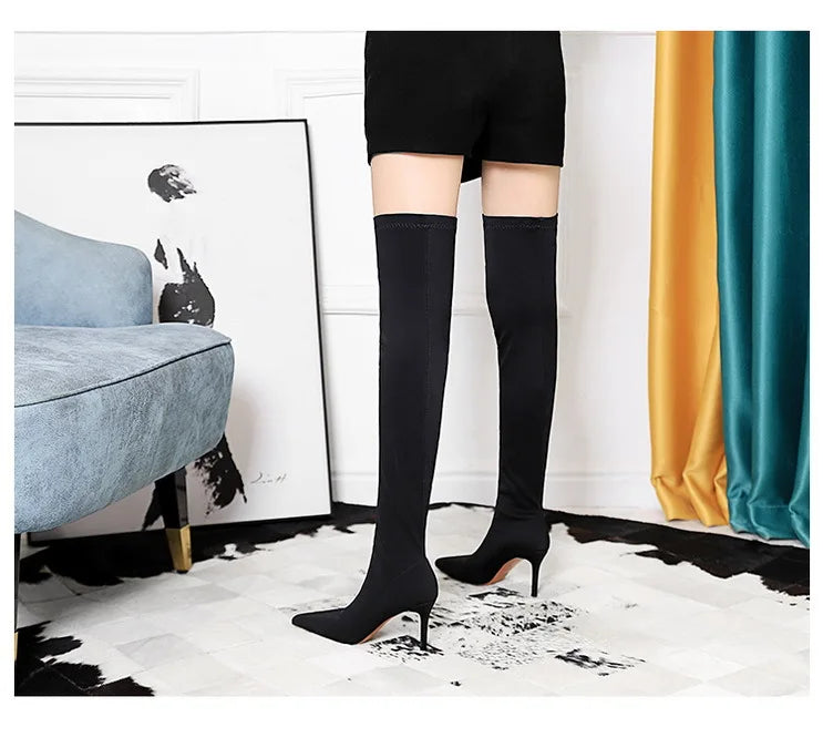 Satin Over-the-Knee Boots - Pointed Toe High Heel Elastic Autumn Winter Boots