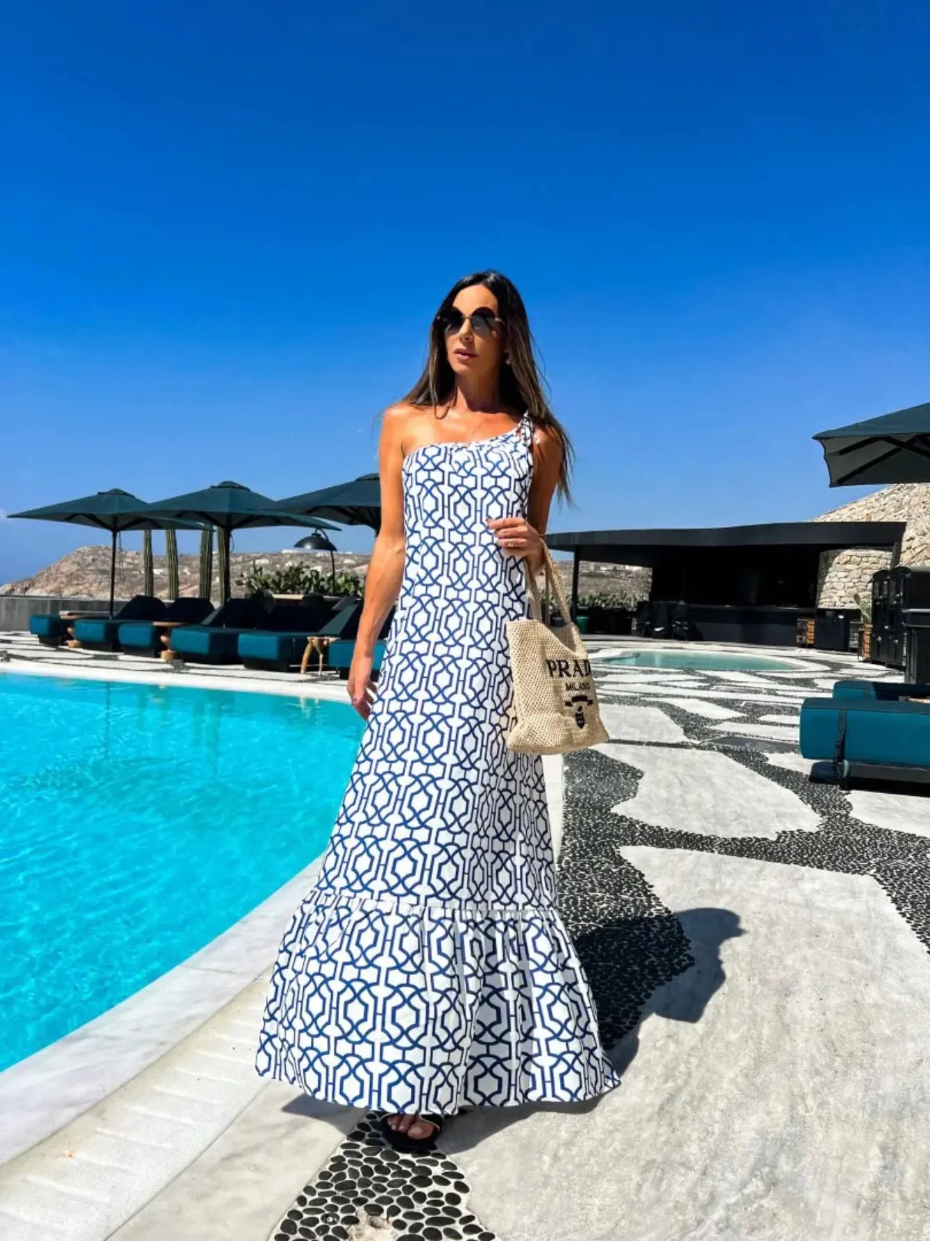 Women's Print Long Cover Up Elegant Slim One Shoulder Maxi Beach Dress