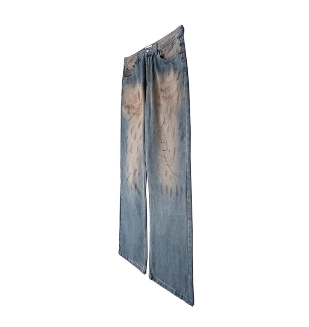 Men's Washed Stained Sprayed Distressed Dirty Frayed Loose Denim Jeans