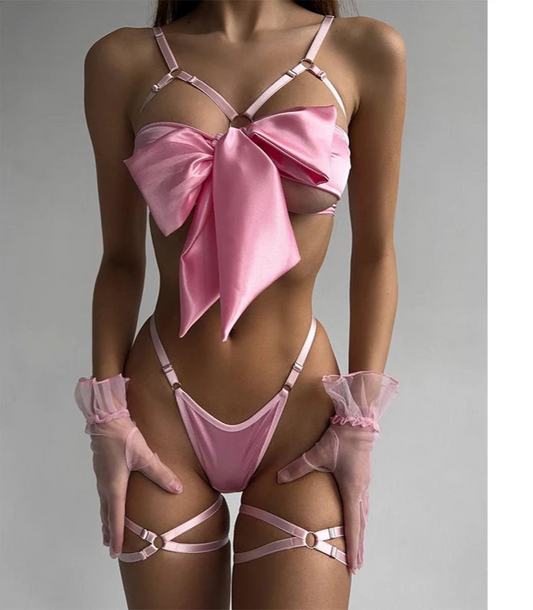 Women's Bowknot Lingerie Open Bra Lace Up Ensemble Lingerie Set