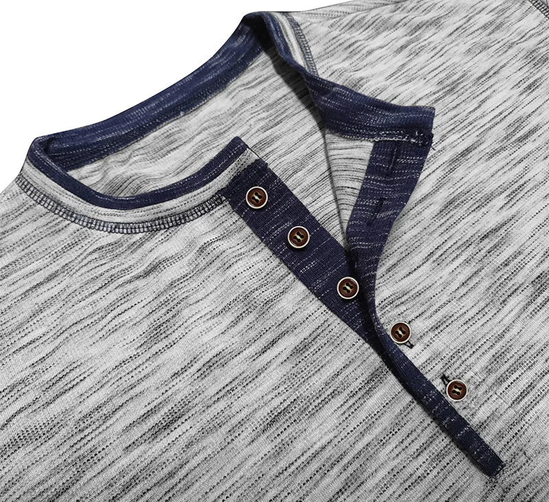 Men's Summer Henry Collar Patchwork Short Sleeve Casual Breathable Pullover T-Shirt