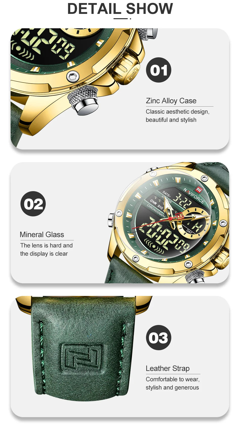 Men's Leather Military Sport Waterproof Watch - Chronograph Quartz Wristwatch