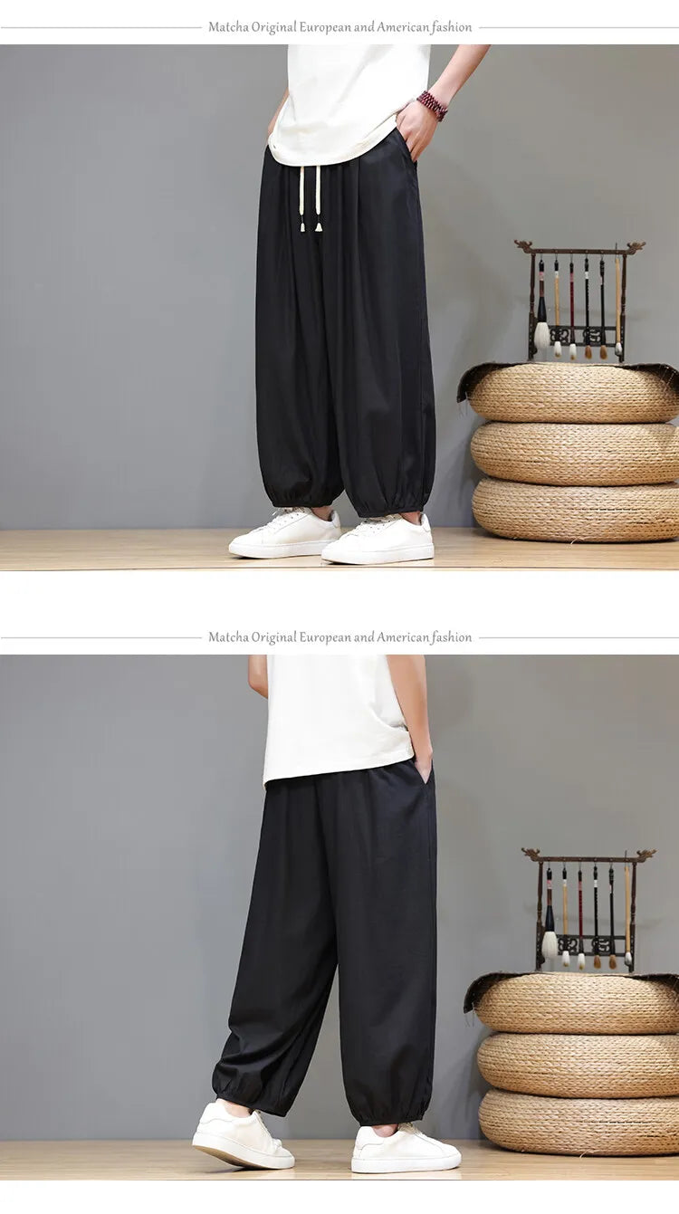 Men's Summer Wide Leg Pants Casual  Breathable Loose Ankle Length  Harem Trousers