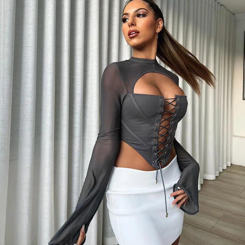 Women's Lace Up Bandage Corset Top - Long Sleeve Backless Mesh Sheer Flare Sleeve Crop Top