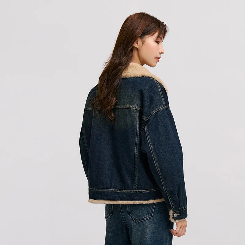 Denim Jacket Women Patchwork Imitation Rabbit Fur Lapel Loose Winter Quilted Jacket