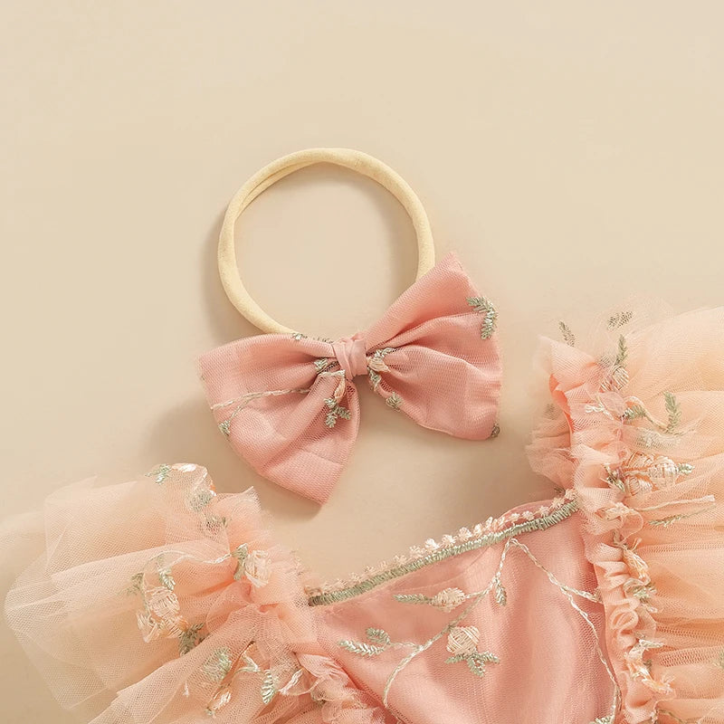 Baby Girls Summer Romper Dress with Headband - Floral Embroidery Tulle Jumpsuit