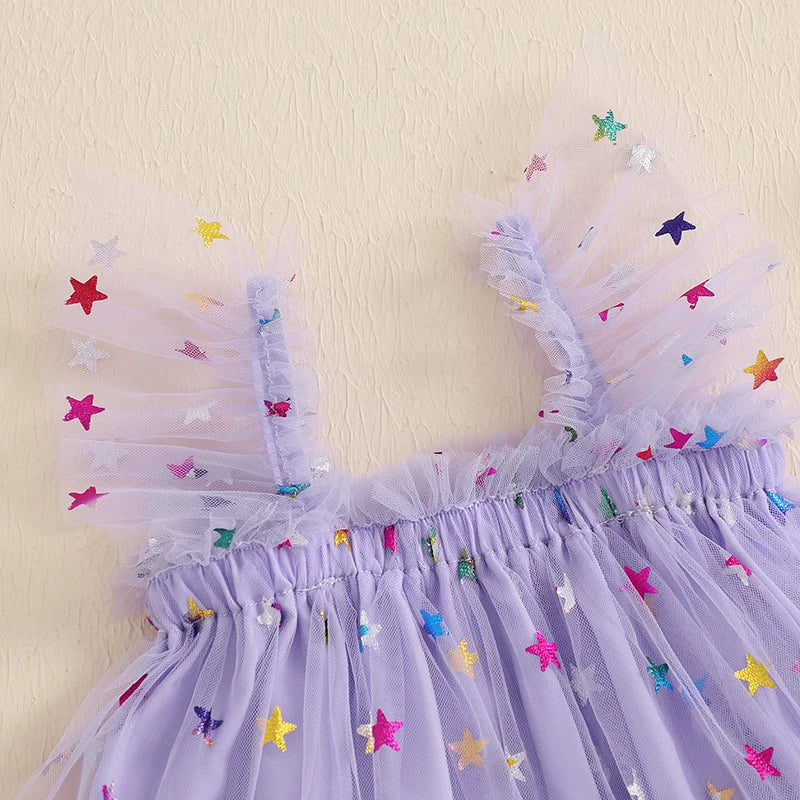 0-4YBaby Girls Summer Dress Glitter Star/Flower Print Fly Sleeve Square Neck Mesh Tulle Summer Dressress
