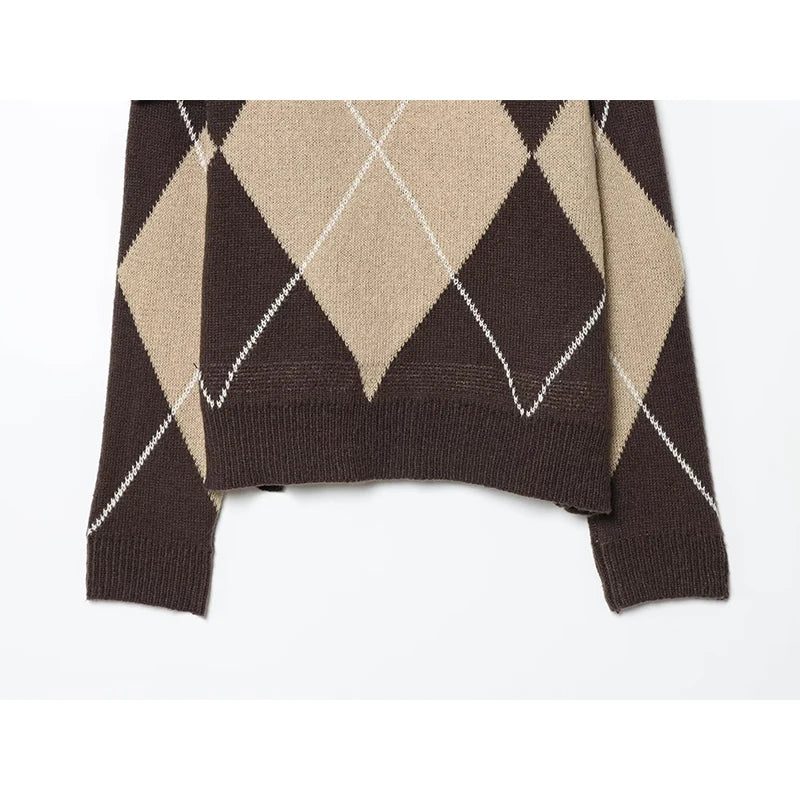 Vintage Argyle Off Shoulder Knit Sweater - Long Sleeve Loose Casual Pullover