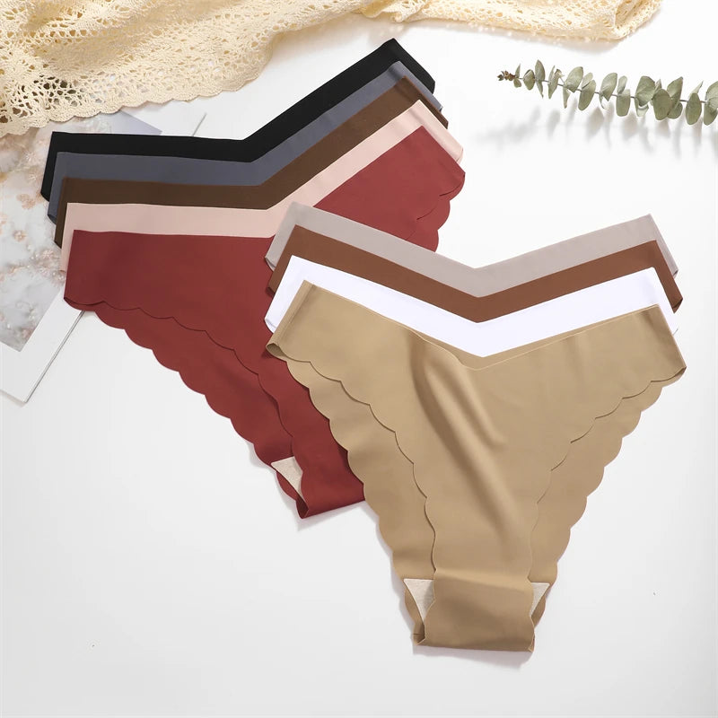Women's 5Pcs Ice Silk Ruffles Underwear V Waist Panties Seamless Low-Waist Briefs  Comfortable Lingerie
