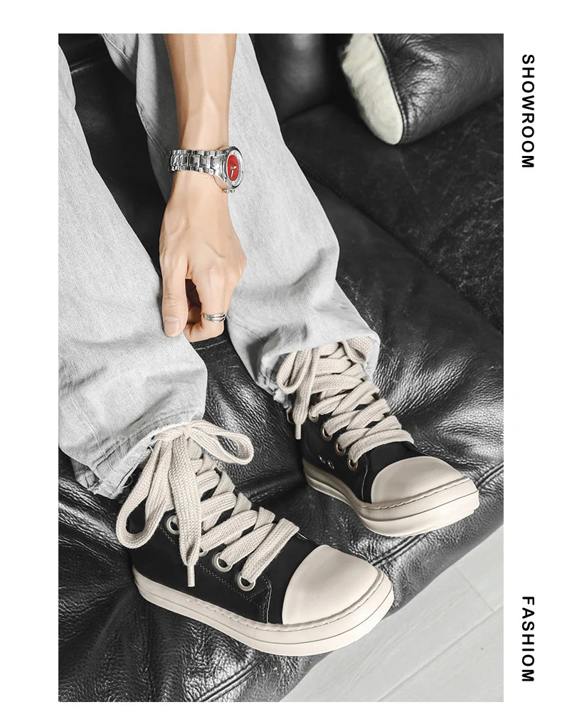 Men's High-Top Leather Sneakers - Lace-Up Zipper Ankle Boots