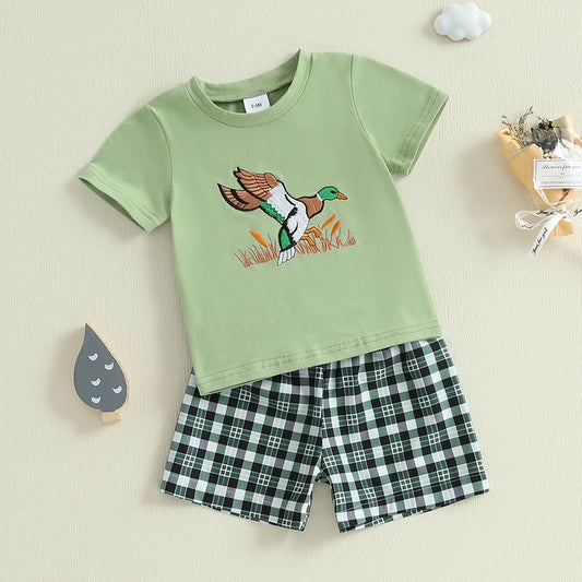 Summer Baby Boys Casual Outfit Set - Duck Embroidery T-Shirt & Plaid Shorts (0-3Y)