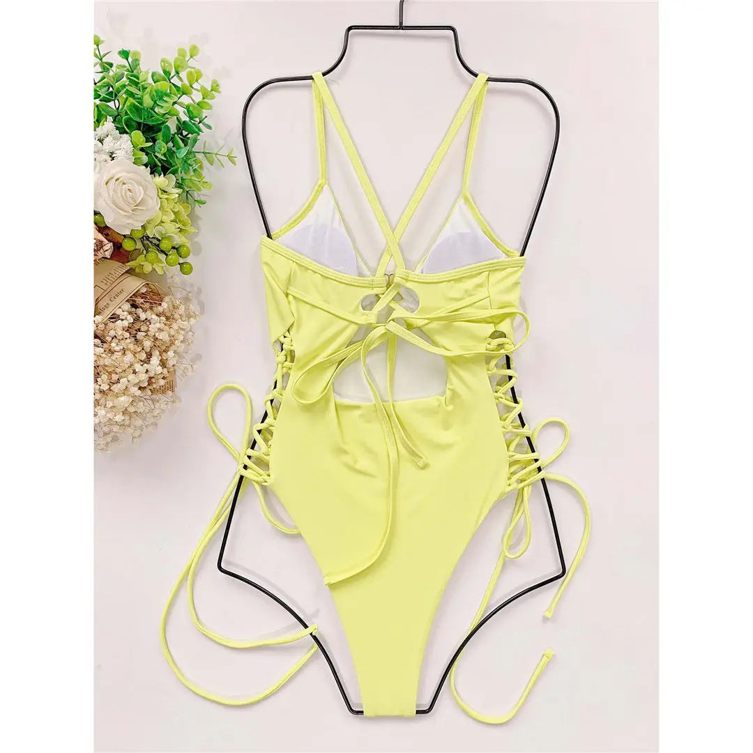 Women's Lace Up Underwired One Piece Swimwear Backless Swimsuit