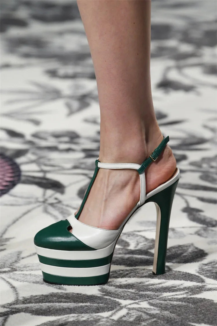 Women's Leather Platform Sandals - Wedge Heel Rivet T-Strap Sandals