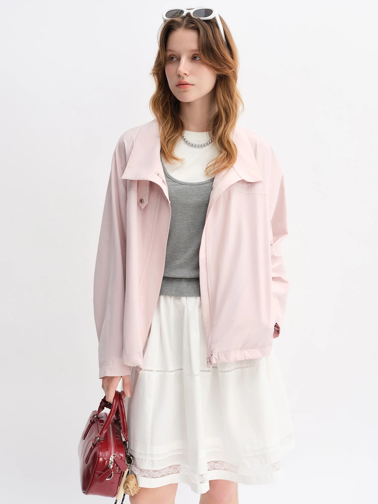 Pink Cropped Jacket - Relaxed Fit Drawstring Hem Windbreaker