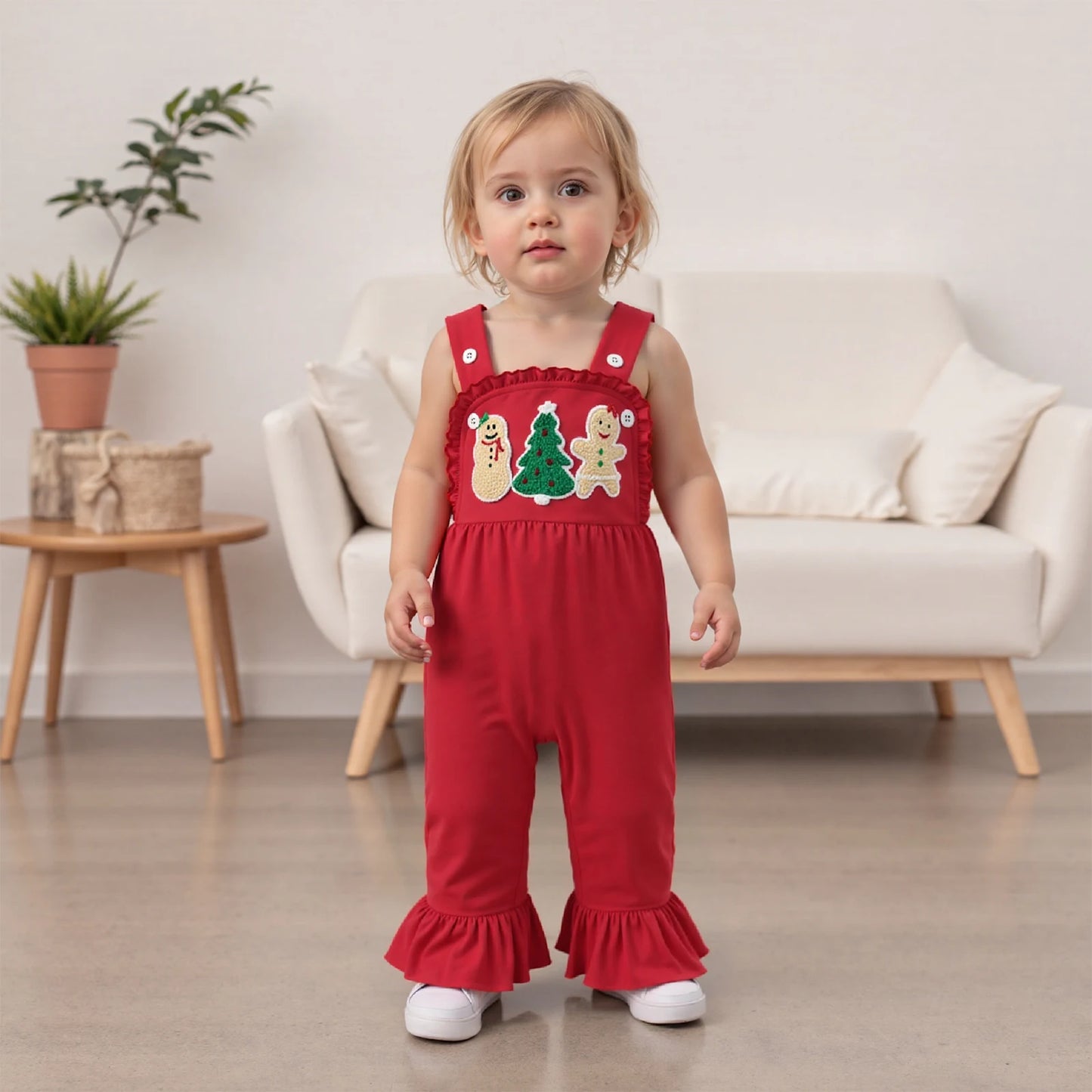 Baby Girls' Christmas Overall Romper - Tree Embroidered Sleeveless Bell Bottom Jumpsuit