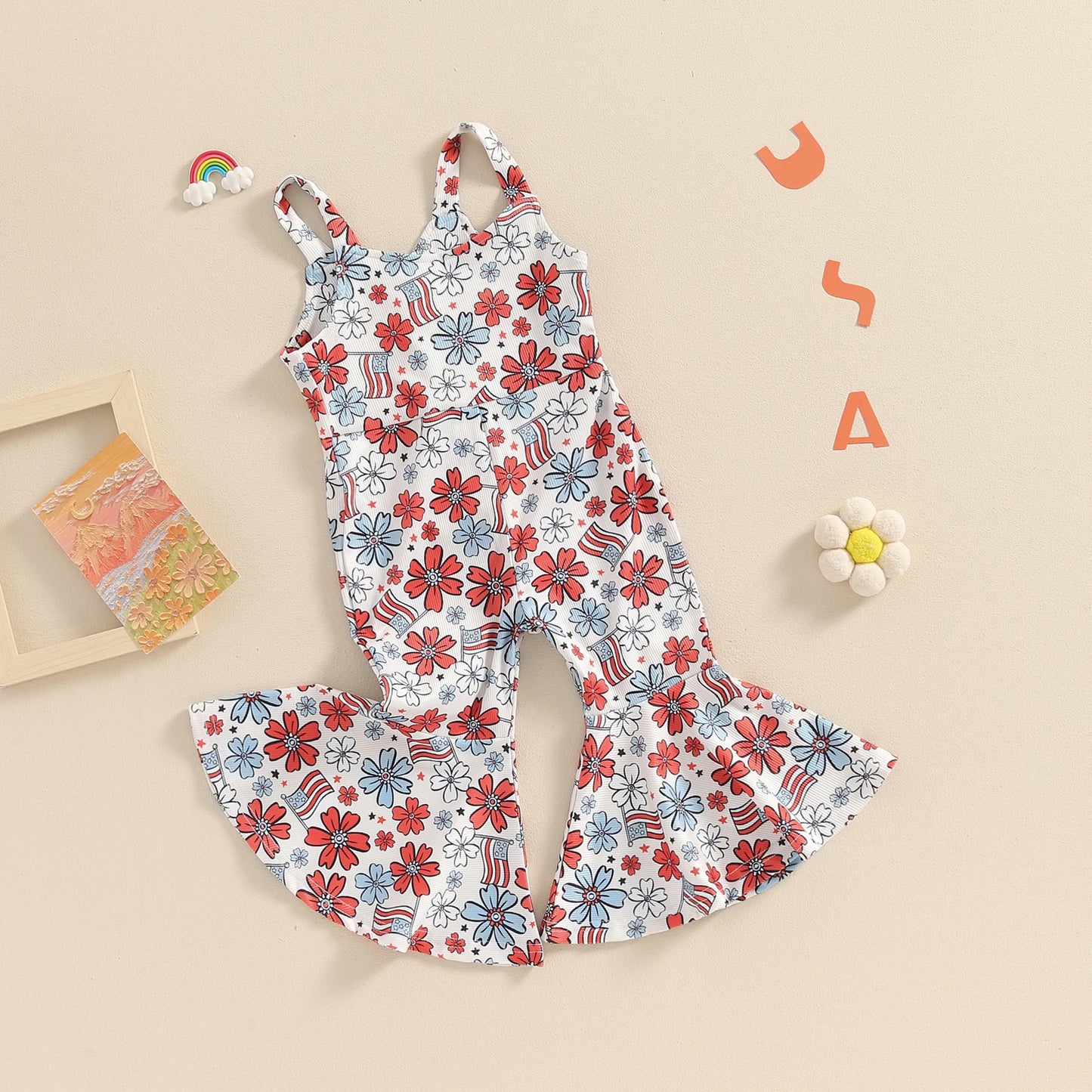 Toddler Kids Girls Jumpsuit - 0-4Y Sleeveless Flower USA Flag Print Bell Bottom Overalls