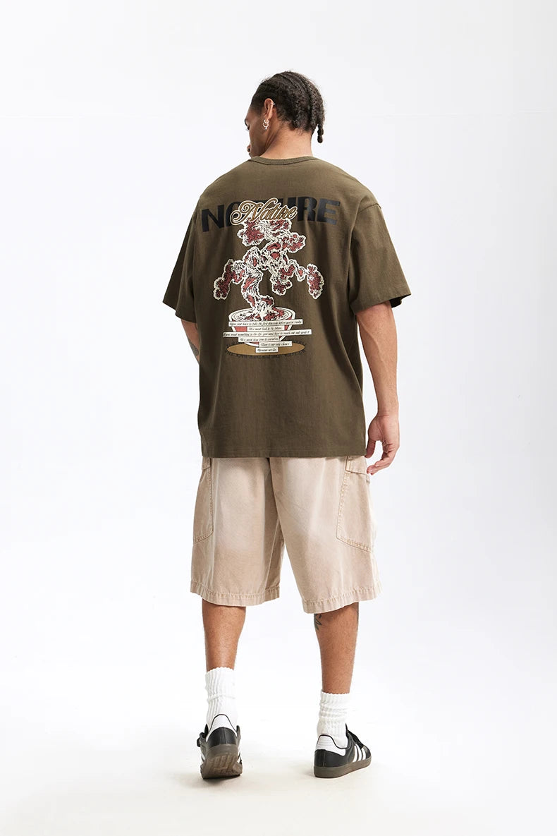 Men's 250G Green Plant Crack Print Retro Street Style Heavyweight Casual Short Sleeve T-Shirt