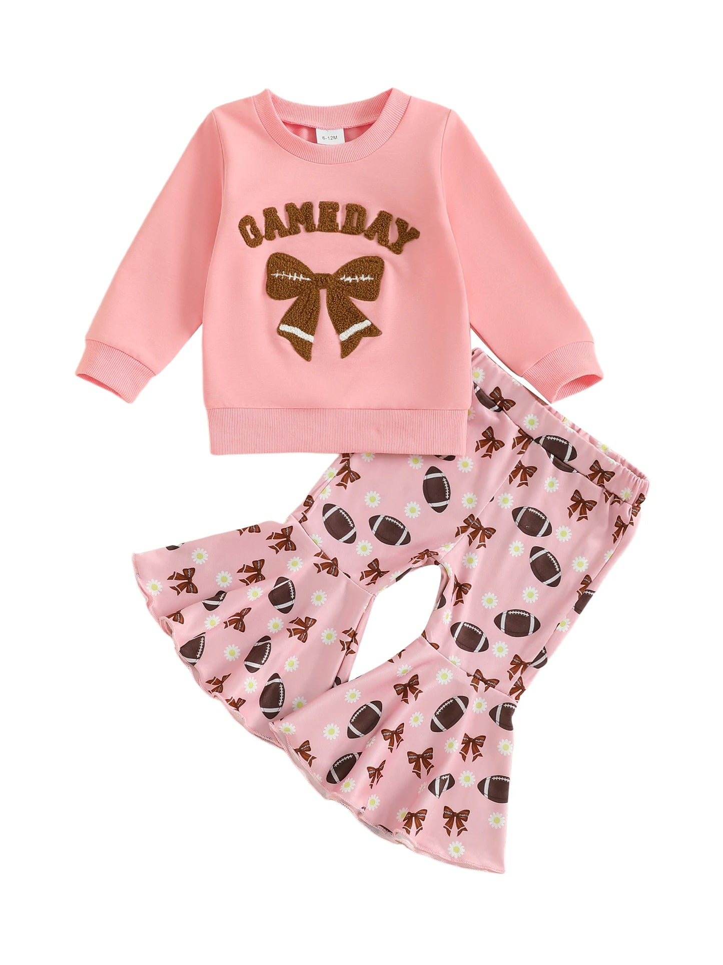 Girls Bow Embroidery Outfit Set - Long Sleeve Letter Pullover Sweatshirt & Football Flare Pants (0-4Y)