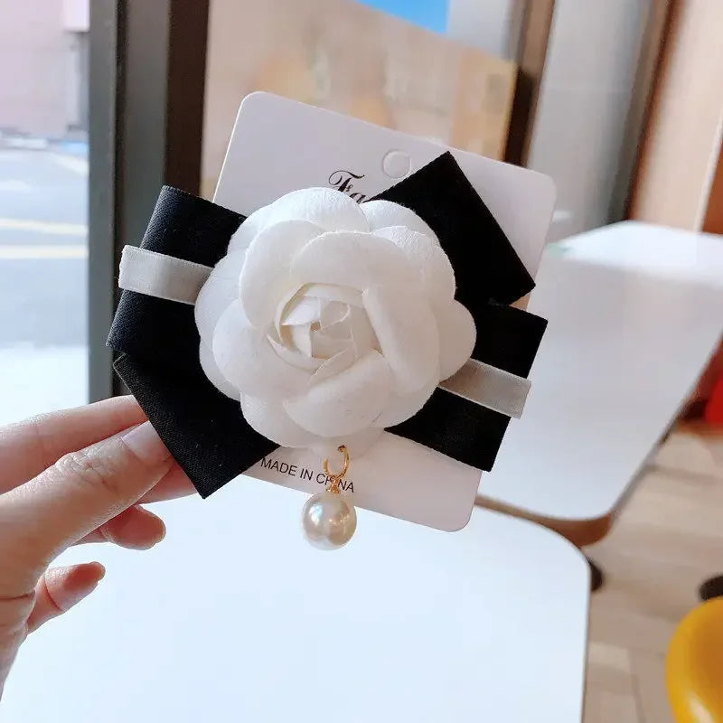 Elegant Fabric Bow Tie Brooch - Camellia Flower Design Collar Pin