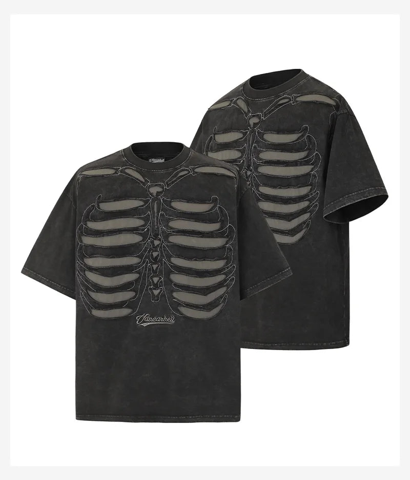 Men's Washed Vintage Cotton T-Shirt - Skull Embroidery