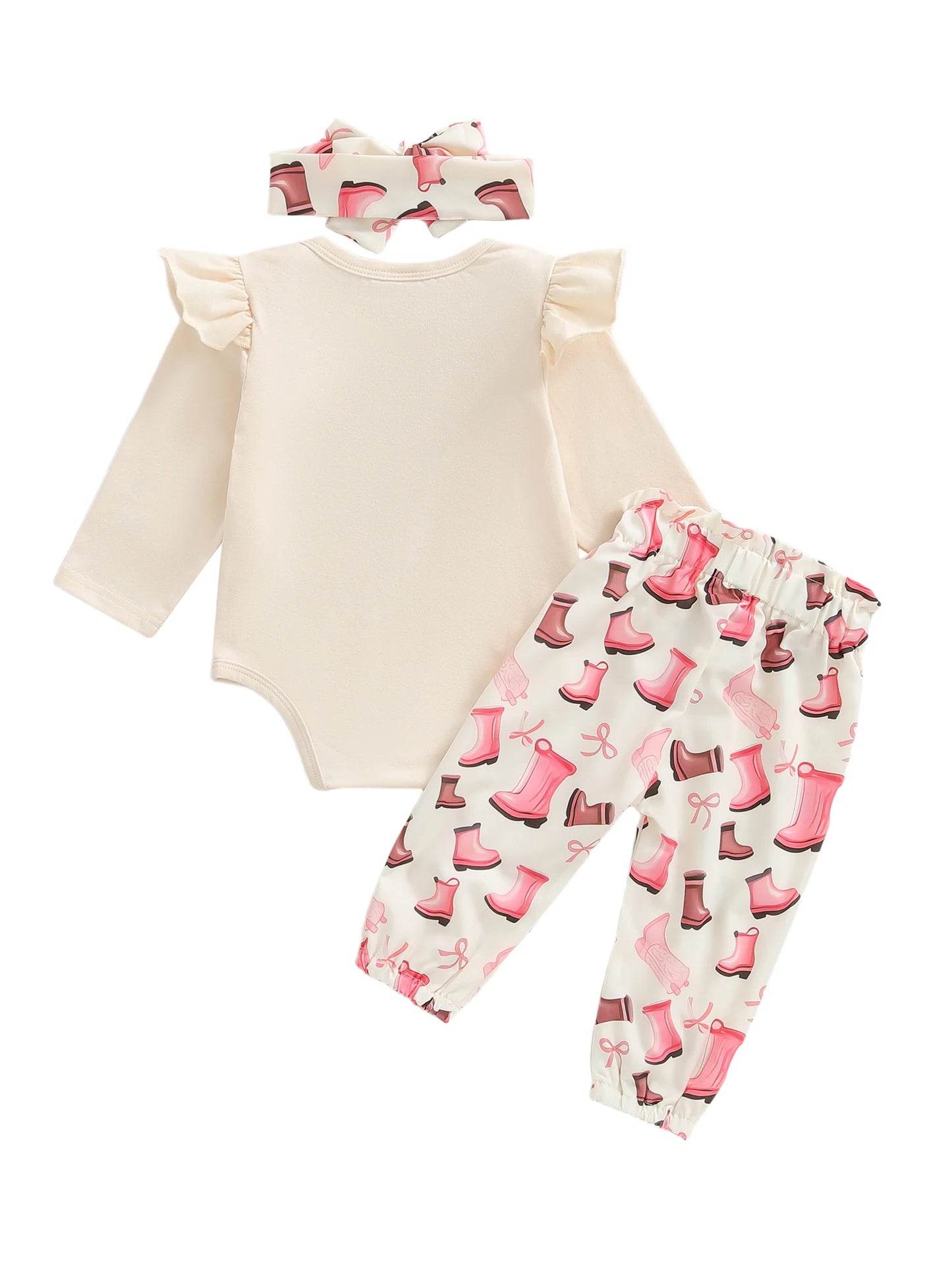 Baby Girls Western Fall Winter Outfit Set - Long Sleeve Romper, Boot Print Pants & Bow Headband (0-18M)